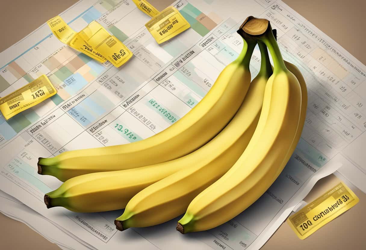 A bunch of ripe bananas surrounded by a pile of nutrient labels and a calorie count chart