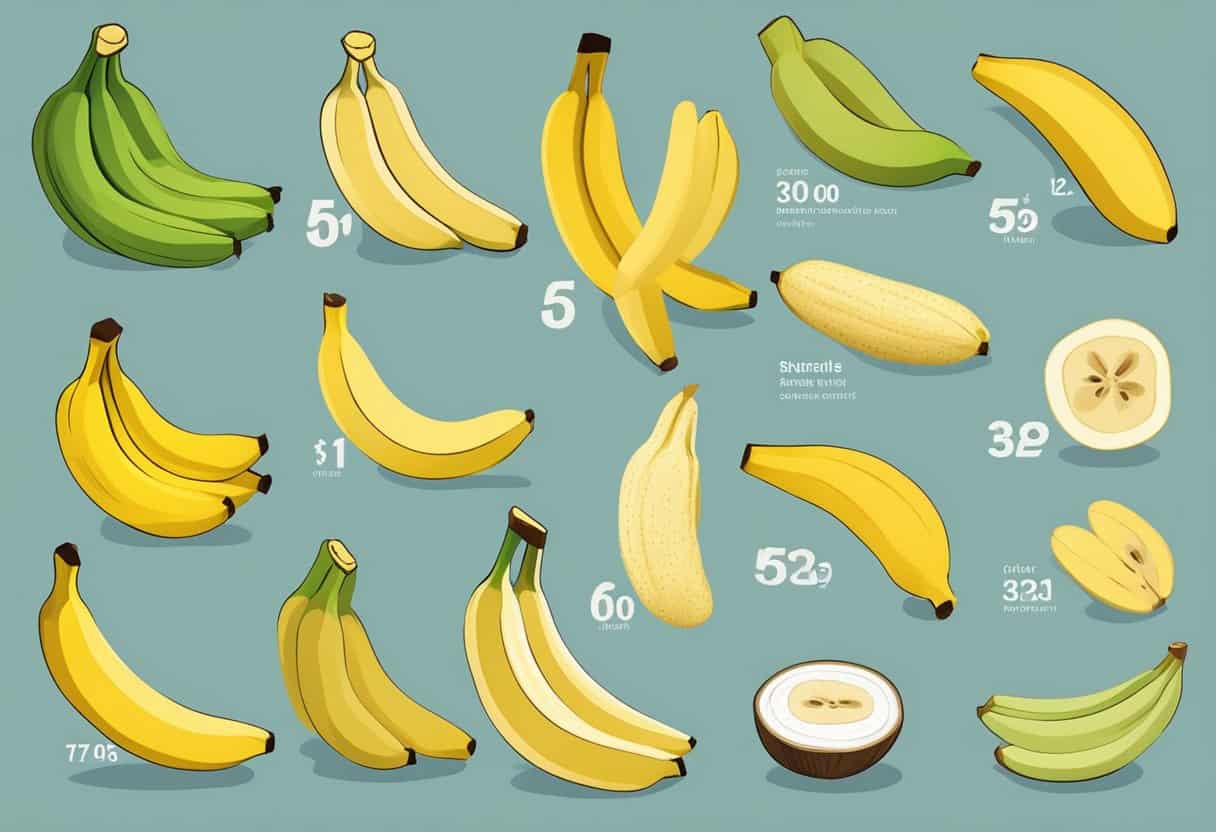 A colorful array of banana varieties, each labeled with their unique nutritional differences and calorie counts