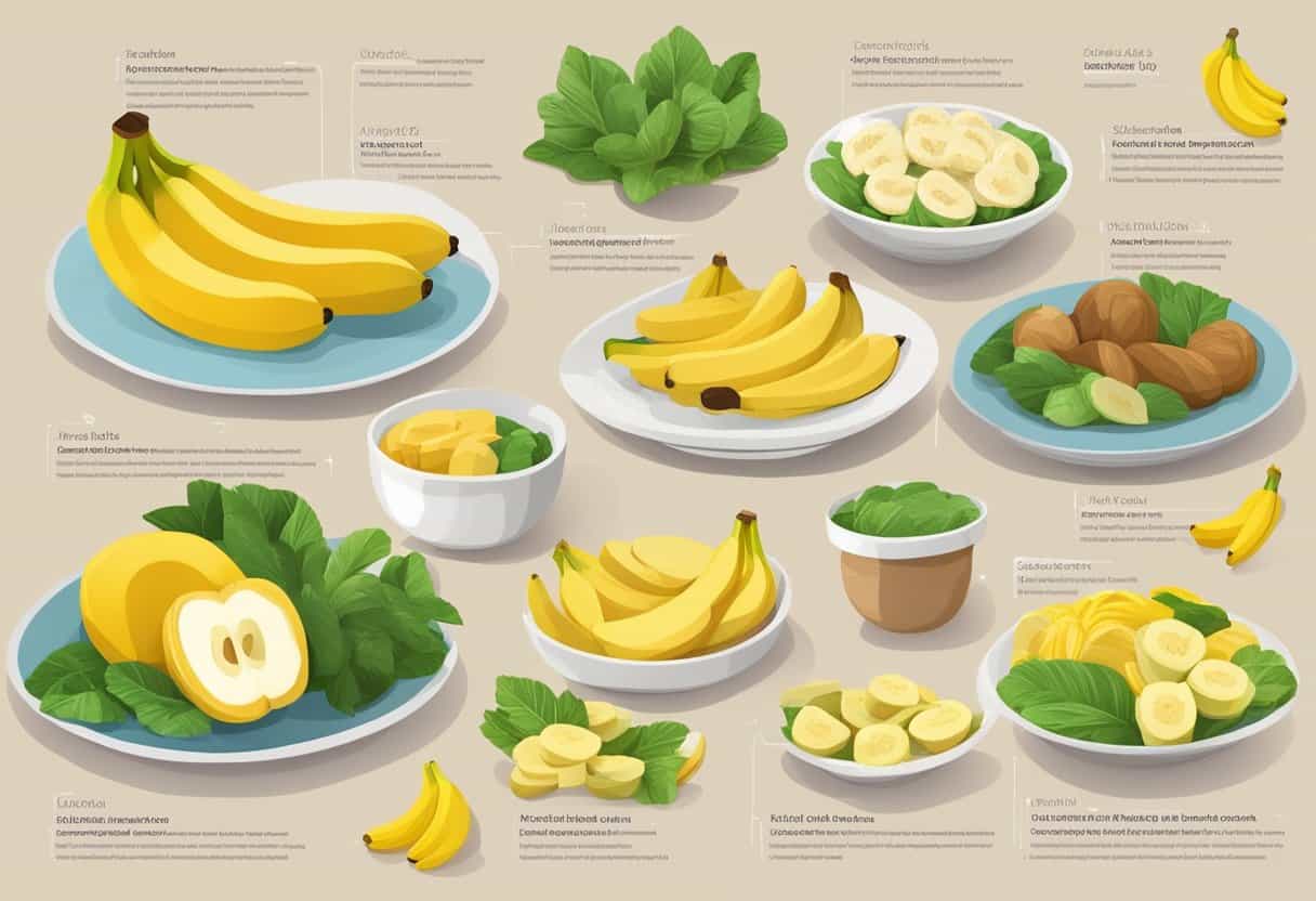 A table with various diets: vegan, paleo, keto, etc. Each plate contains bananas prepared in different ways. Nutritional information and calorie counts are displayed next to each dish