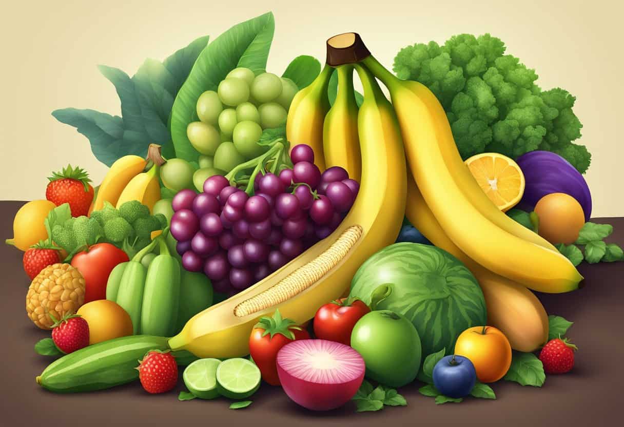 A bunch of ripe bananas surrounded by colorful fruits and vegetables, with a spotlight on the label "Antioxidants and Phytonutrients" showcasing the nutrition and calories