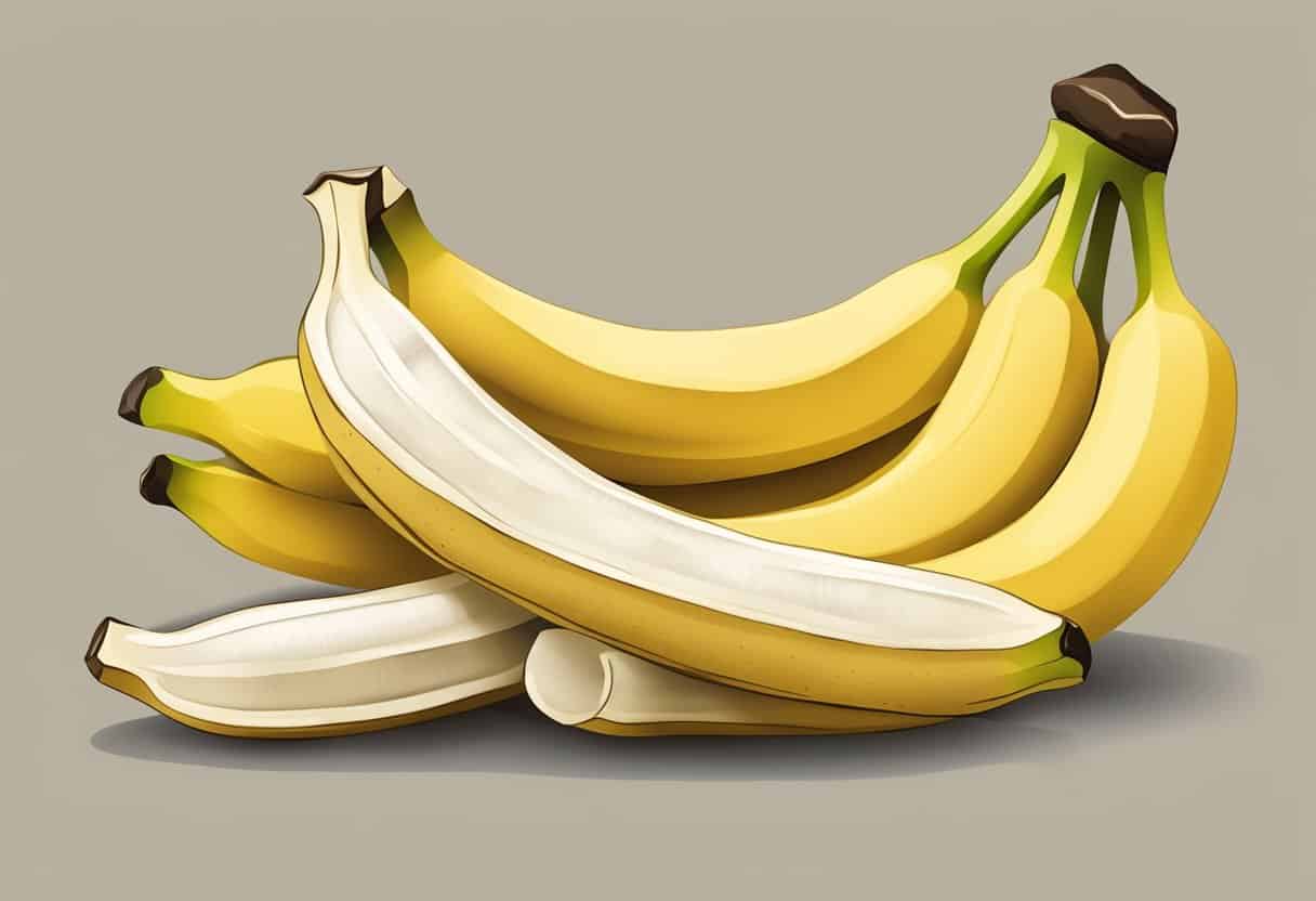 A bunch of ripe bananas, with one partially peeled, showcasing the vitamins and nutrients within